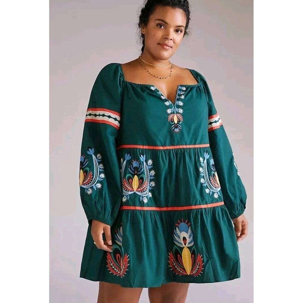 Anthropologie Let Me Be Green Embroidered Boho Tunic Peasant mini Dress 1X L/S